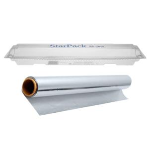 Food-grade aluminium foil roll 29 cm x 50 m with transparent dispenser – STAR 10 50 B (transparent dispenser + roll view)