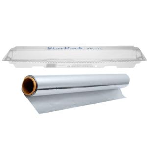 Lebensmittelechte Aluminiumfolienrolle 29 cm x 30 m mit transparentem Spender – STAR 10 30 B (transparenter Spender + Rolle)
