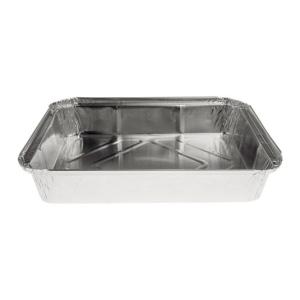 Rectangular aluminum foil container with rolled rim and raised edge 227x177x35 mm - E 1100 (oblique view)