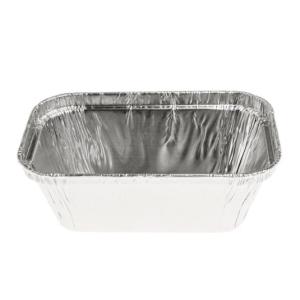 Rectangular aluminum foil container with rolled rim and raised edge 110x72x34 mm - E 150 (oblique view)