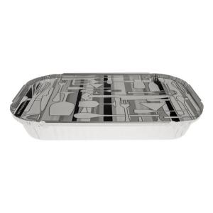 Rectangular aluminum foil container with rolled rim and raised edge with lid 285x188x35 mm - E 1500 (oblique view)
