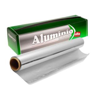 Rolo de papel alumínio alimentar 40 cm × 200 m – E.40X200BL1-6 (vista da embalagem + rolo)