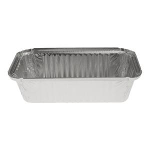 Rectangular aluminum foil container with rolled rim and raised edge 222x118x54 mm - R 14–901 L (oblique view)