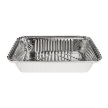 Envase de aluminio rectangular con borde rizado y canto alzado 220x158x38 mm - E 980 (vista oblicua)