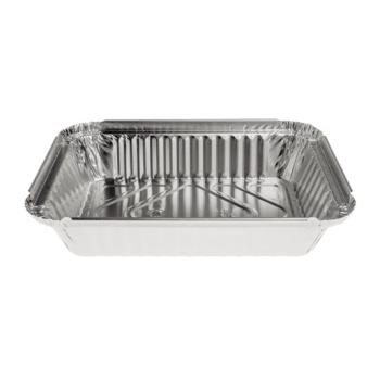 Rectangular aluminum foil container with rolled rim and raised edge 192x141x33 mm - E 650 (oblique view)