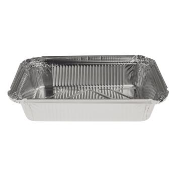 Rectangular aluminum foil container with rolled rim and raised edge 211x146x40 mm - R 1–845 L (oblique view)
