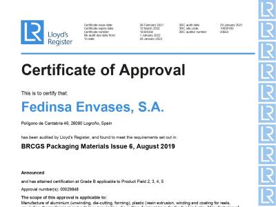 Certificado de aprobación BRC packaging