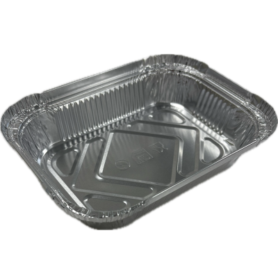 Envase de aluminio rectangular con borde rizado y canto alzado 185x135x30 mm - E 580 MM (vista oblicua)