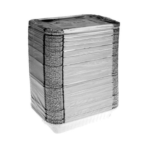 Embalagem retangular de alumínio com bordo enrolado e rebordo elevado 175x175x44 mm - CE 650 (vista oblíqua)