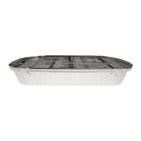 Rectangular aluminum foil container with rolled rim and raised edge with lid 285x188x35 mm - E 1500 (elevation view)